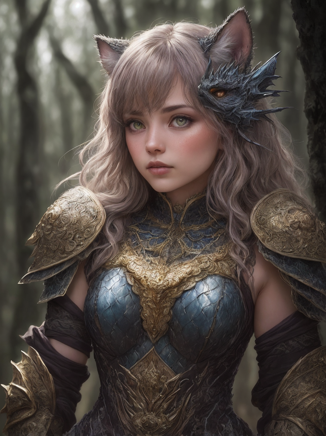 a tiny cat bear,chibi, blue, gold, white, purpple, dragon scaly armor, forest background, fantasy style, (dark shot:1.17),...